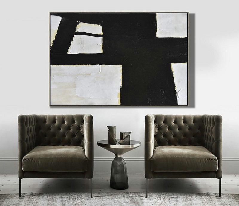 Abstract Art On Canvas, Modern Art,Horizontal Palette Knife Minimal Canvas Art Painting Black White Beige - Huge Abstract Canvas Art